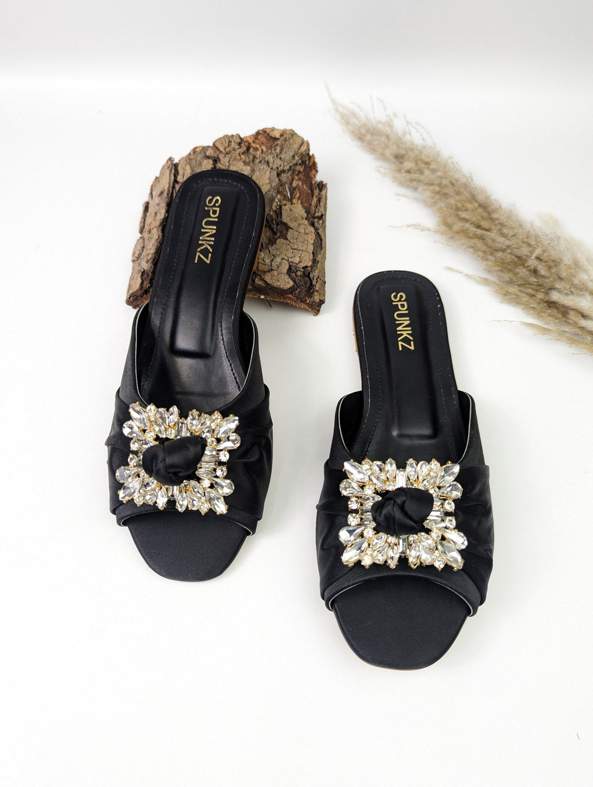 Rhinestone Knot Black Slippers (11033) - Spunkz