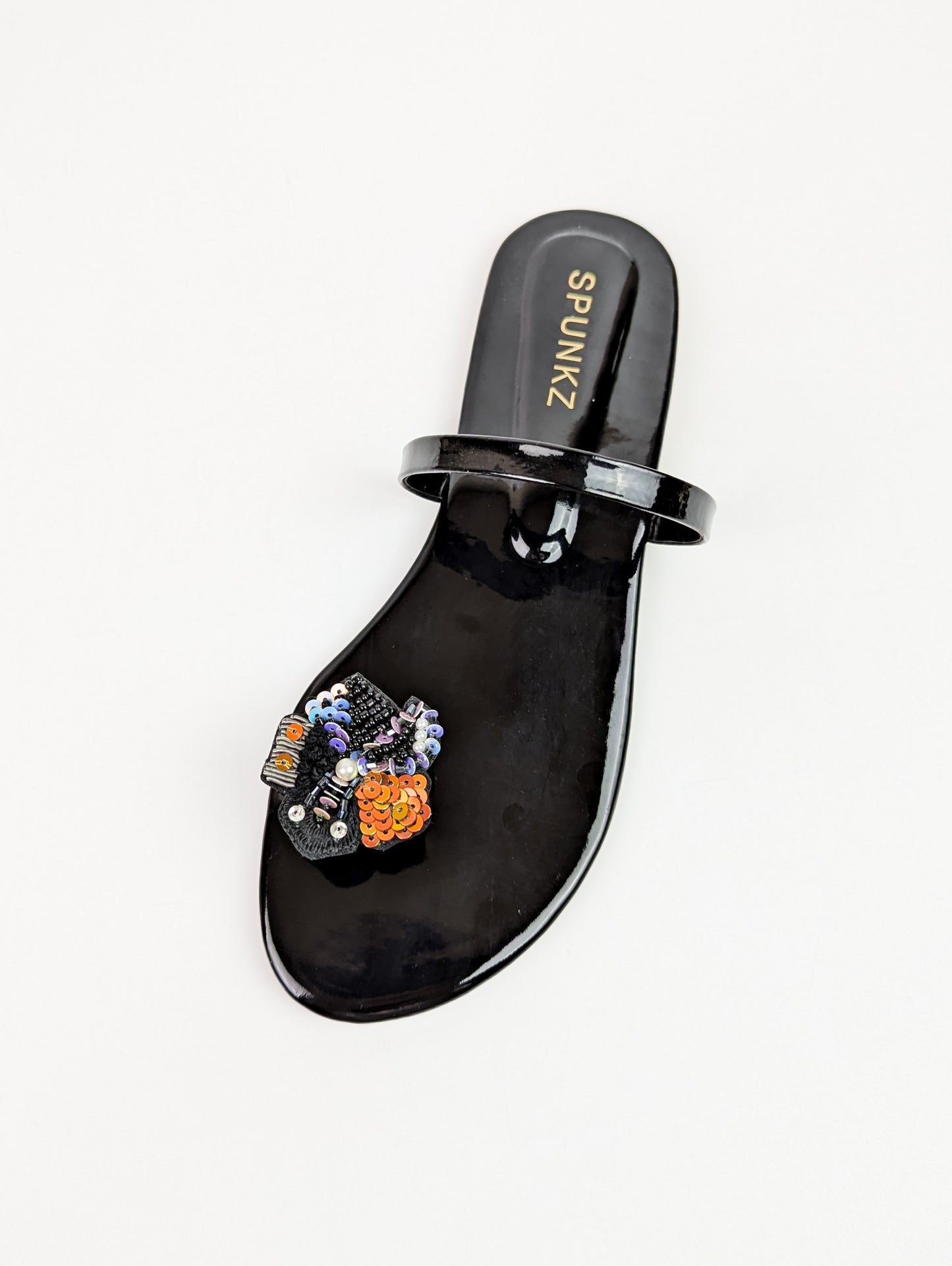 Spunkz Shiny Metallic Black Floral Sequins Ring Toe Flat Slides - Spunkz