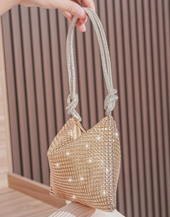 Shiny Champagne Rhinestone Handheld Evening Bag - Spunkz