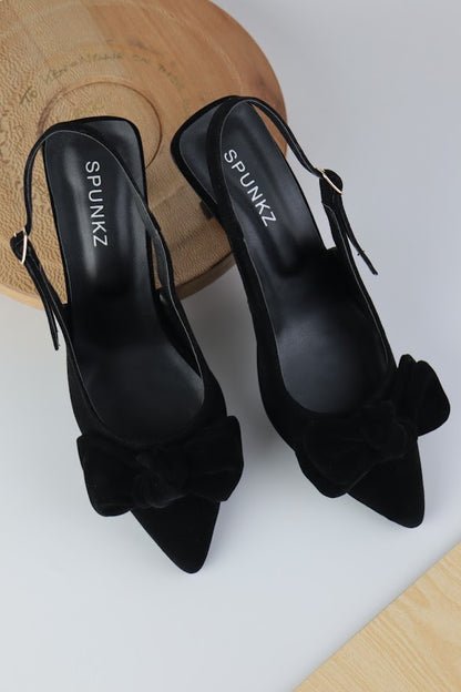 Shannon Black Velvet Bow Stiletto Mid Slingback Heels - Spunkz