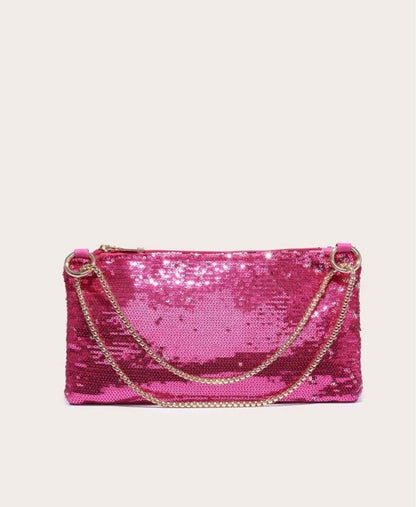 Hot Pink Sparkling Sequin Clutch Bag with Golden Chain - Spunkz