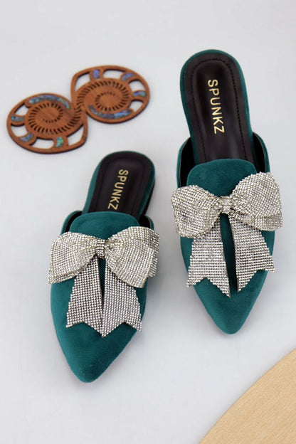 Nile Rhinestone Bow Aqua Pointed Toe Flat Mules - Spunkz