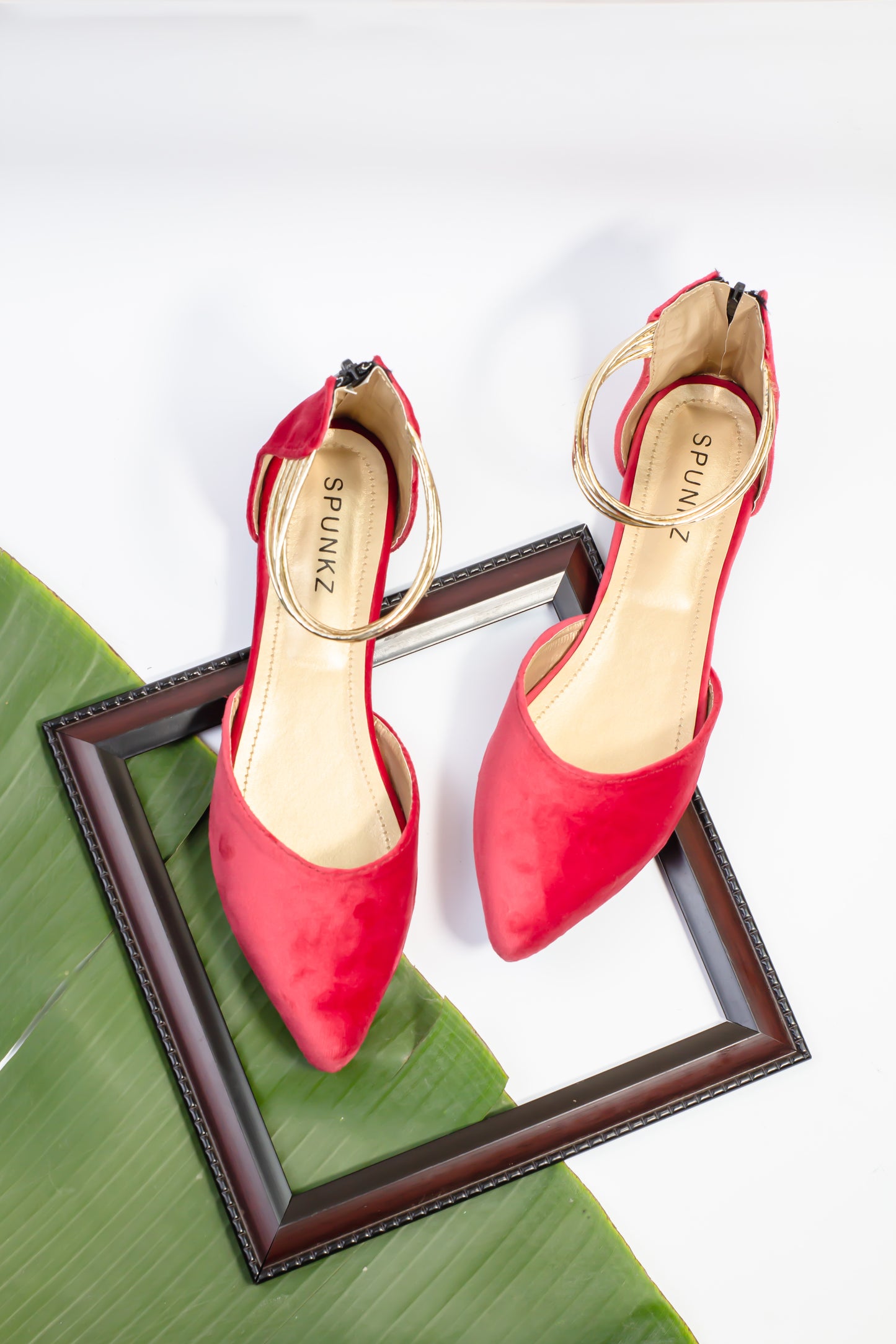 Koral Pink Suede and Gold Ankle Strap Flats - Spunkz