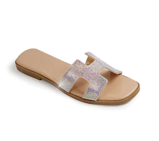 Oran iconic cut-out Nude Rhinestone silhouette Flat Slides - Spunkz