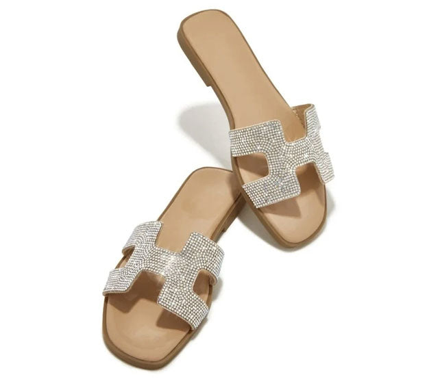 Oran iconic cut-out Nude Rhinestone silhouette Flat Slides - Spunkz