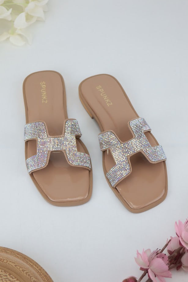 Oran iconic cut-out Nude Rhinestone silhouette Flat Slides - Spunkz