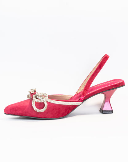 Loxi Pink Pointed Diamante Bow Low Heel