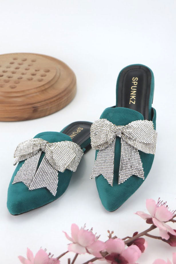 Nile Rhinestone Bow Aqua Pointed Toe Flat Mules - Spunkz