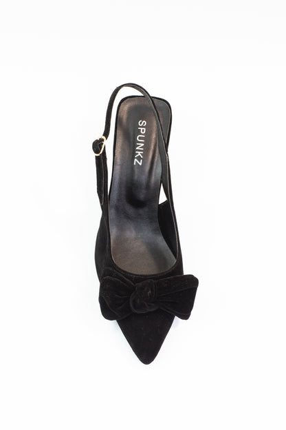 Shannon Black Velvet Bow Stiletto Mid Slingback Heels - Spunkz