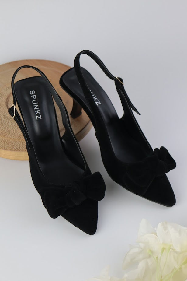 Shannon Black Velvet Bow Stiletto Mid Slingback Heels