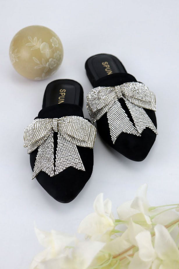 Trista Black Embellished Bow Velvet Mules - Spunkz