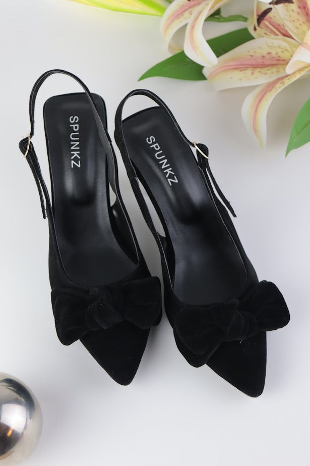 Shannon Black Velvet Bow Stiletto Mid Slingback Heels