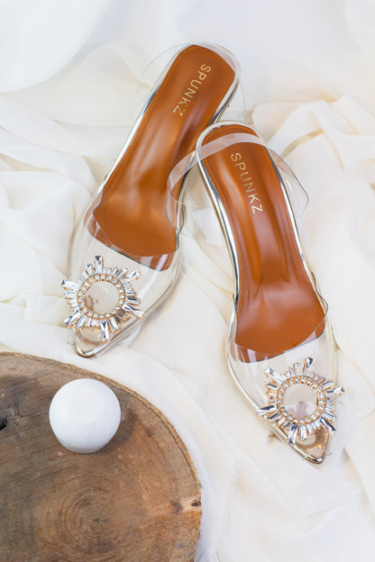 Amy Cinderella Transparent Heels (Golden) - Spunkz