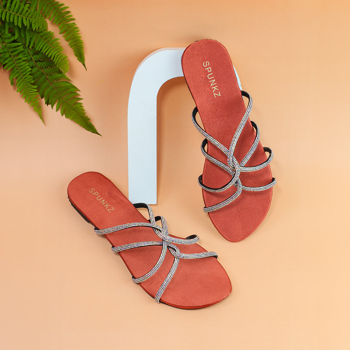 Mia Orange Shiny Rhinestone Mesh Twirl Straps Flat Sandals - Spunkz