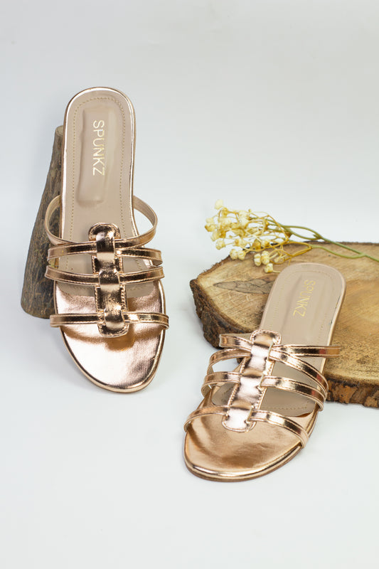 Bella Rose Gold Twisted Straps Flat Sandals - Spunkz