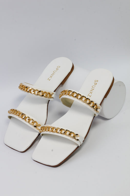 Ziva Square Toe Double Straps Metal Chain Flat Slippers
