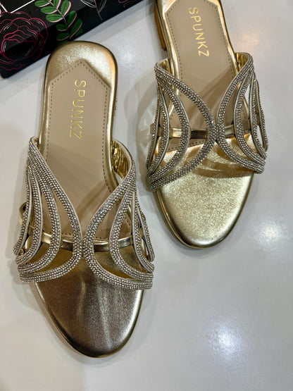Golden Shiny Strap Slippers