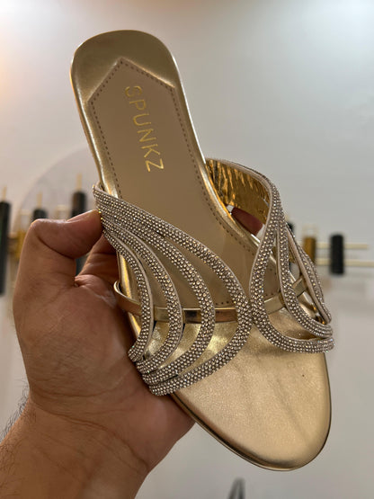 Golden Shiny Strap Slippers