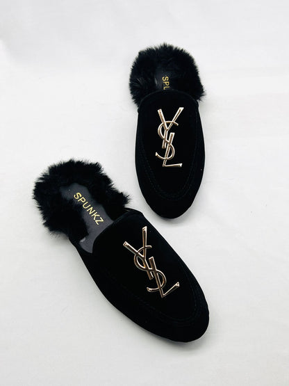 Spunkz YESL Black Velvet Flat Mules - Spunkz
