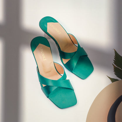 Yes Darling Love Mules in Green Satin - Spunkz