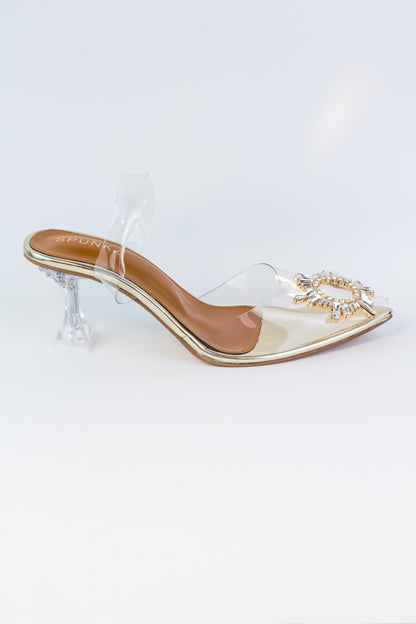 Amy Cinderella Transparent Heels (Golden) - Spunkz