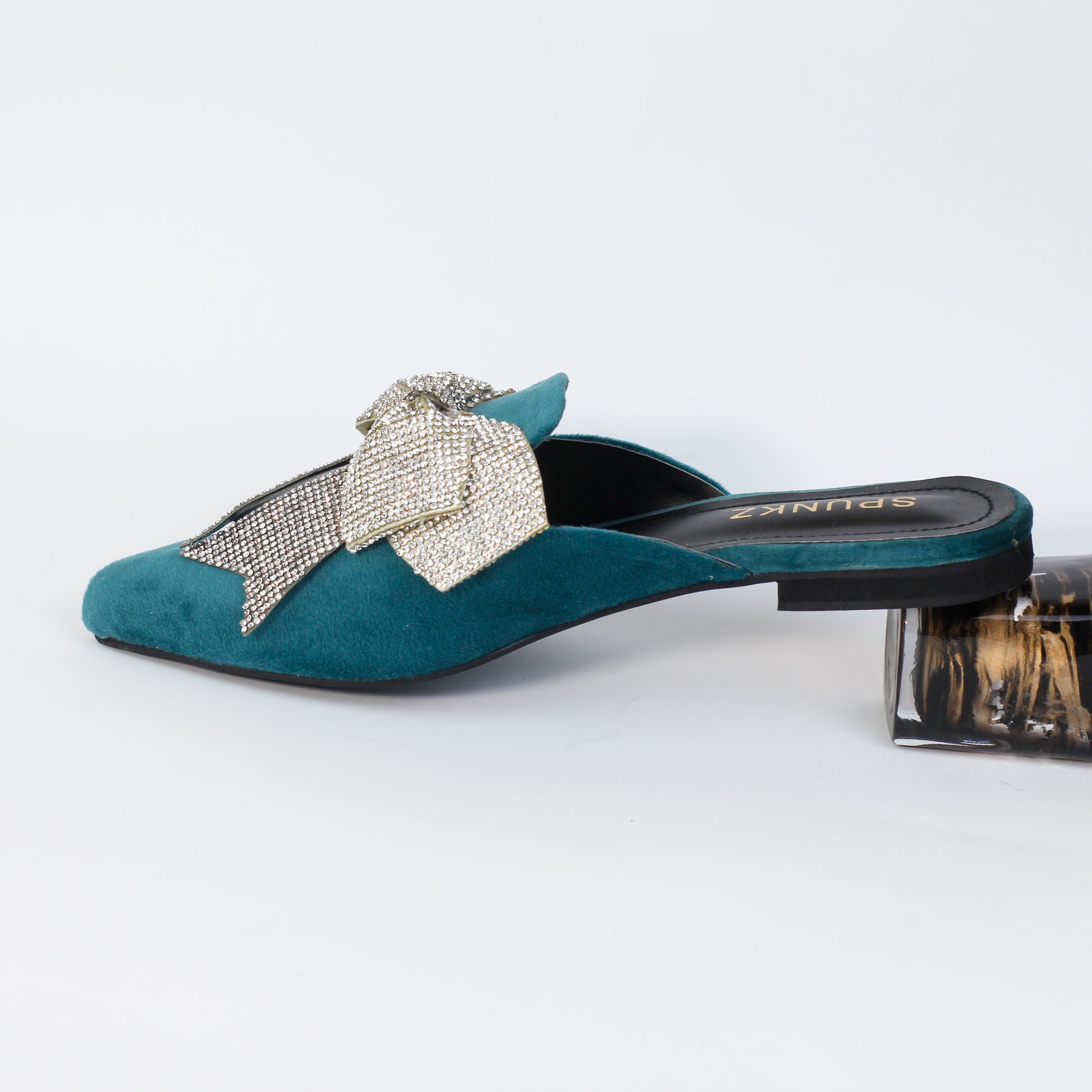 Nile Rhinestone Bow Aqua Pointed Toe Flat Mules - Spunkz