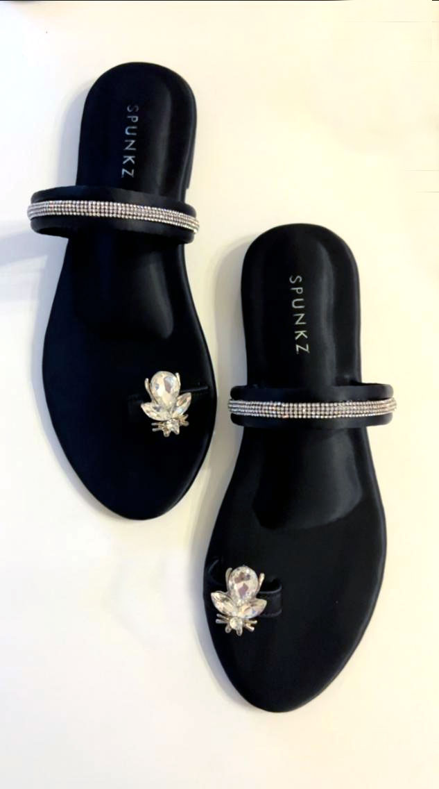 Spunkz Metallic Black Rhinestone Strap Bee Flats - Spunkz