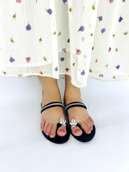 Spunkz Metallic Black Rhinestone Strap Bee Flats