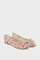 Beige Floral Embroidery Ballet Pumps