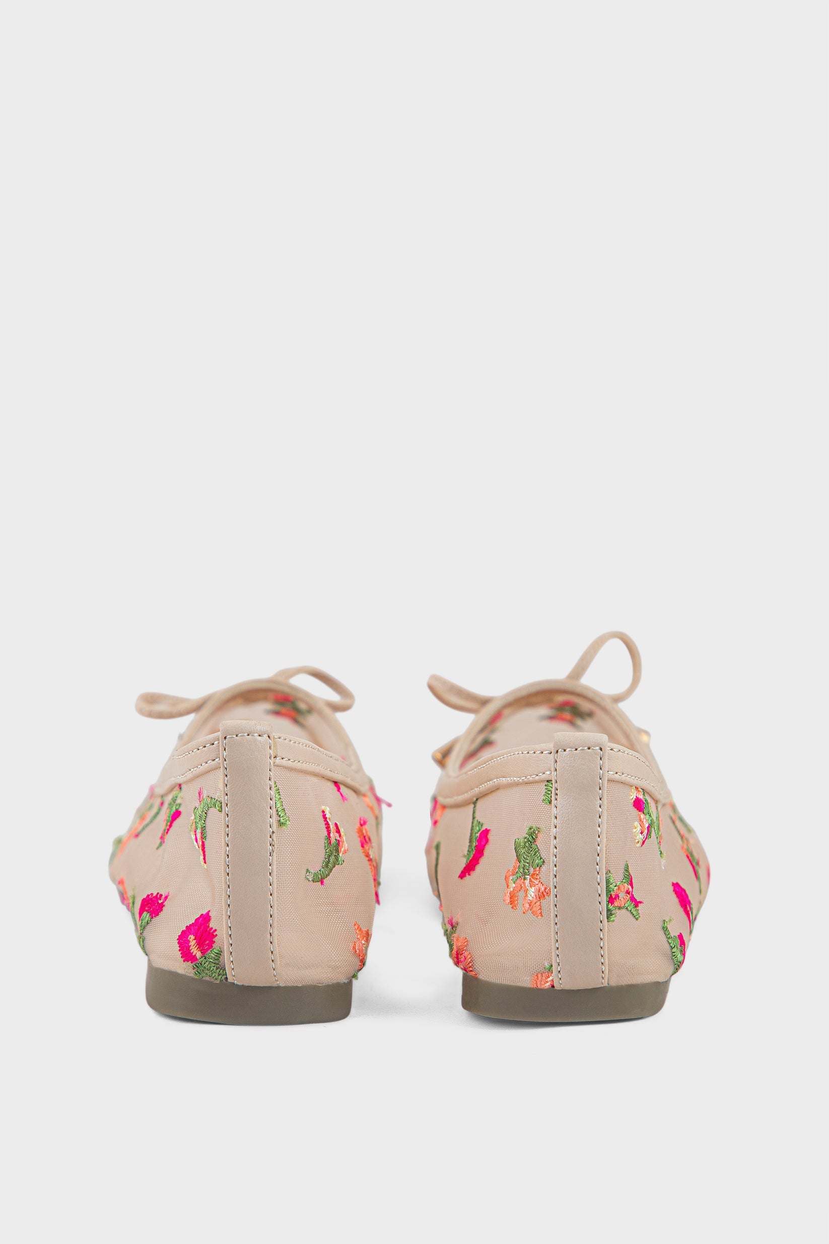 Beige Floral Embroidery Ballet Pumps