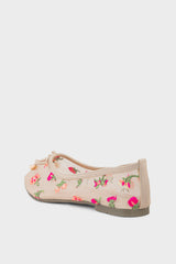 Beige Floral Embroidery Ballet Pumps