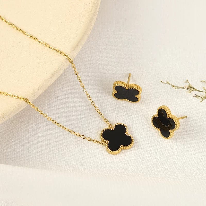 Black Four Leaf Clover Pendant and Studs - Spunkz