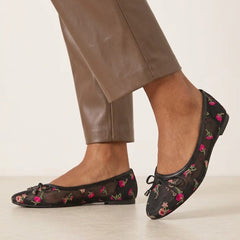 Black Floral Embroidery Ballet Pumps