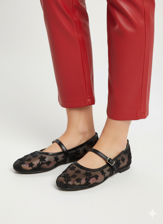 Black Mesh Floral Ballet Flats