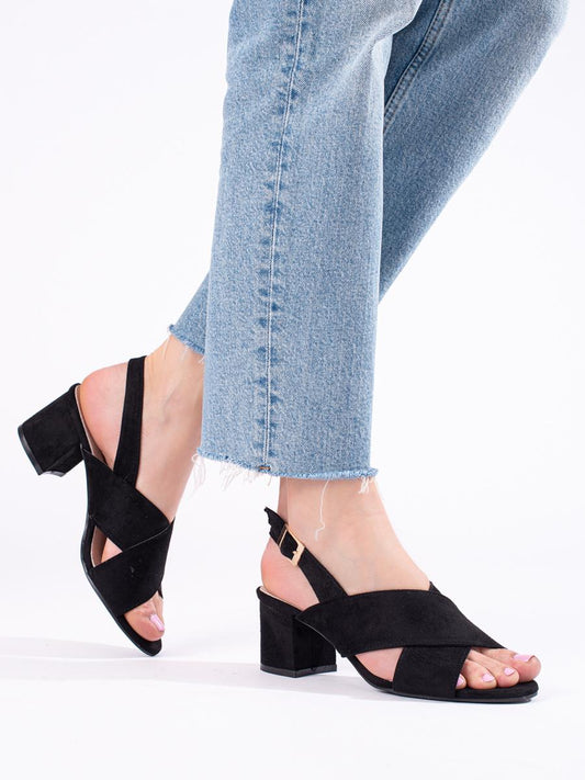 Spunkz Black Comfort Cross Over Block Heeled Sandals