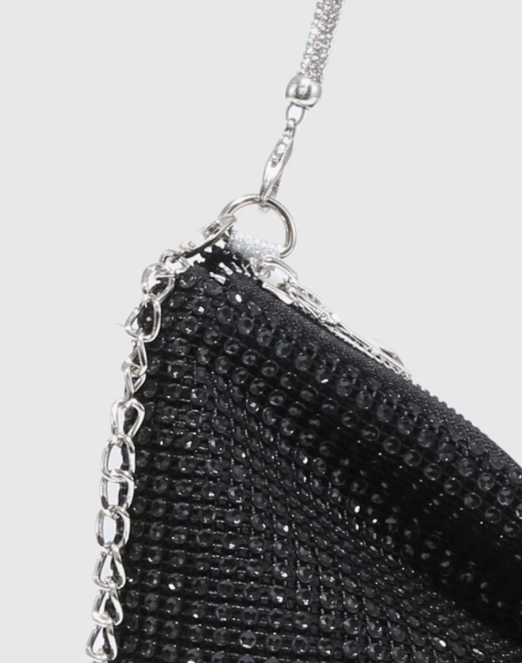 Black Rhinestone and Faux Pearl Decor Hobo Bag - Spunkz