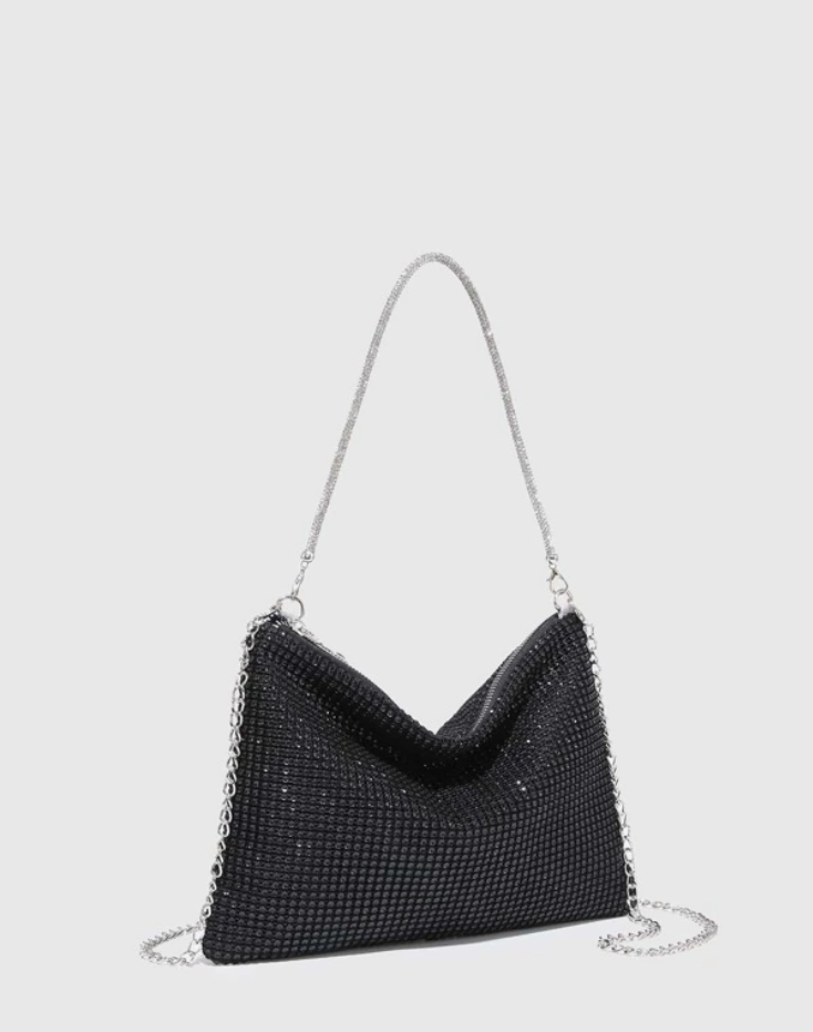 Black Rhinestone and Faux Pearl Decor Hobo Bag - Spunkz