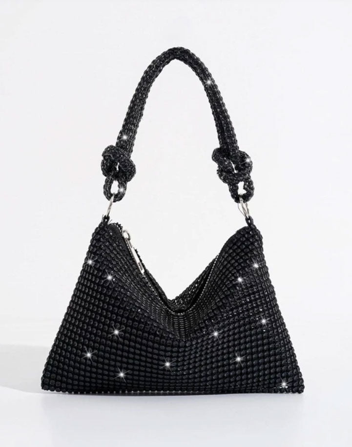 Black Knotted Rhinestone Decor Glitter Clutch Bag - Spunkz