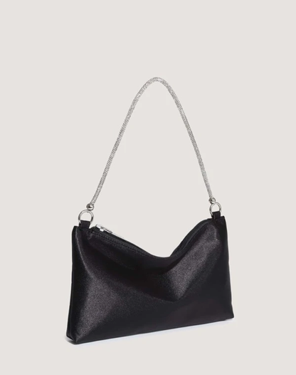 Black Satin Square Bag with Silver Rhinestone Mesh Chain - Spunkz