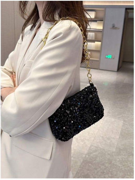 Metallic Chain Strap Sequin Shoulder Bag - Spunkz