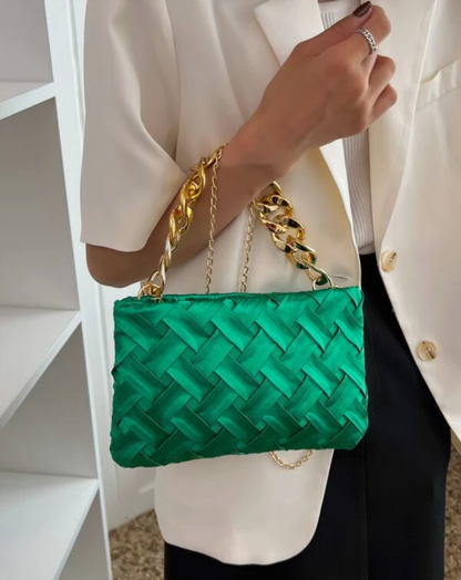 Minimalist Braided Green Square Bag with Golden Chain Straps - Spunkz