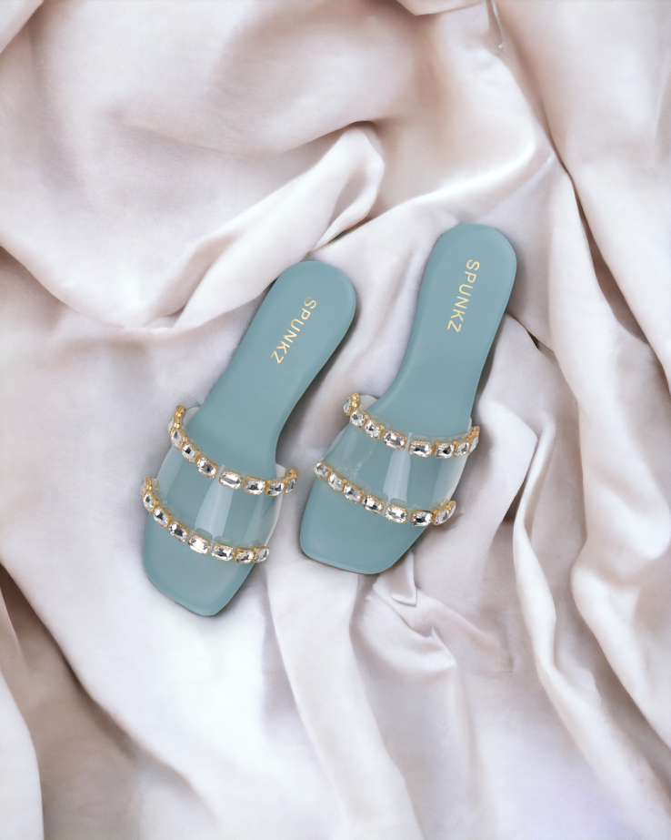 Chameli Blue Diamond Studded Embellished Flat Slides