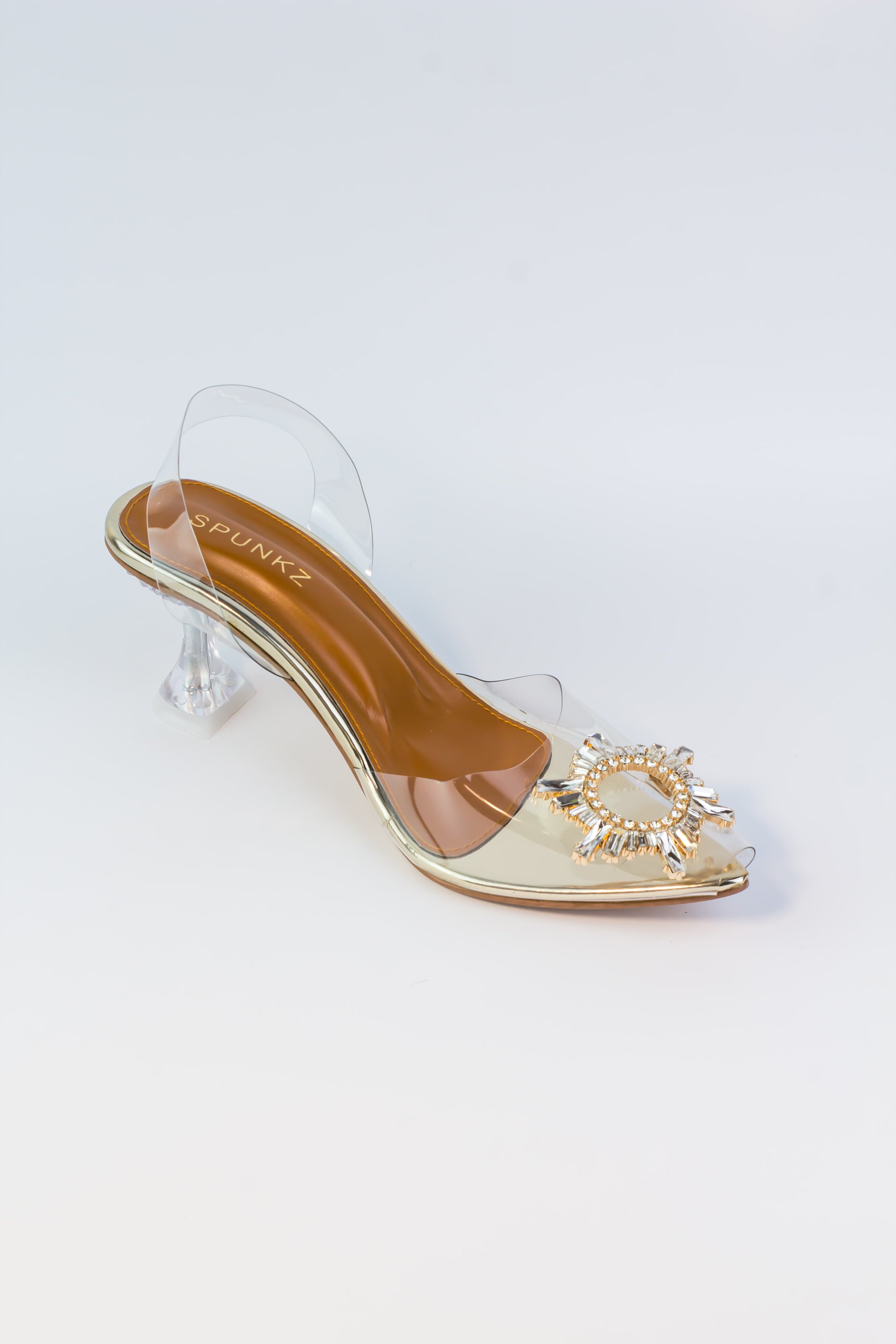 Amy Cinderella Transparent Heels (Golden) - Spunkz