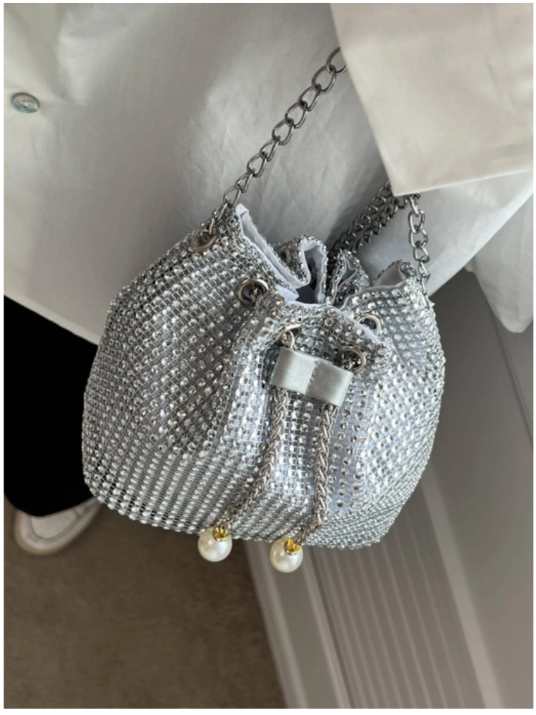 Silver Rhinestone Potli Bag with Pearl Handles for Women - Spunkz