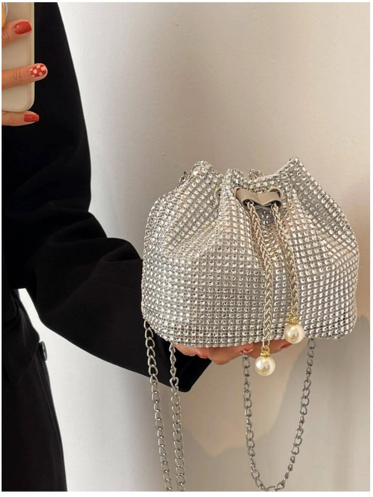 Silver Rhinestone Potli Bag with Pearl Handles for Women