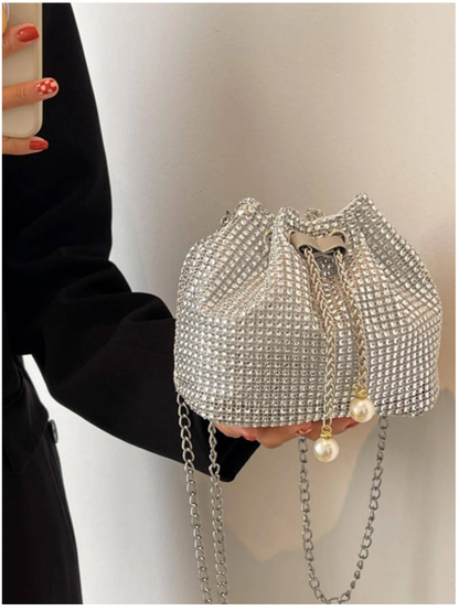 Silver Rhinestone Potli Bag with Pearl Handles for Women - Spunkz