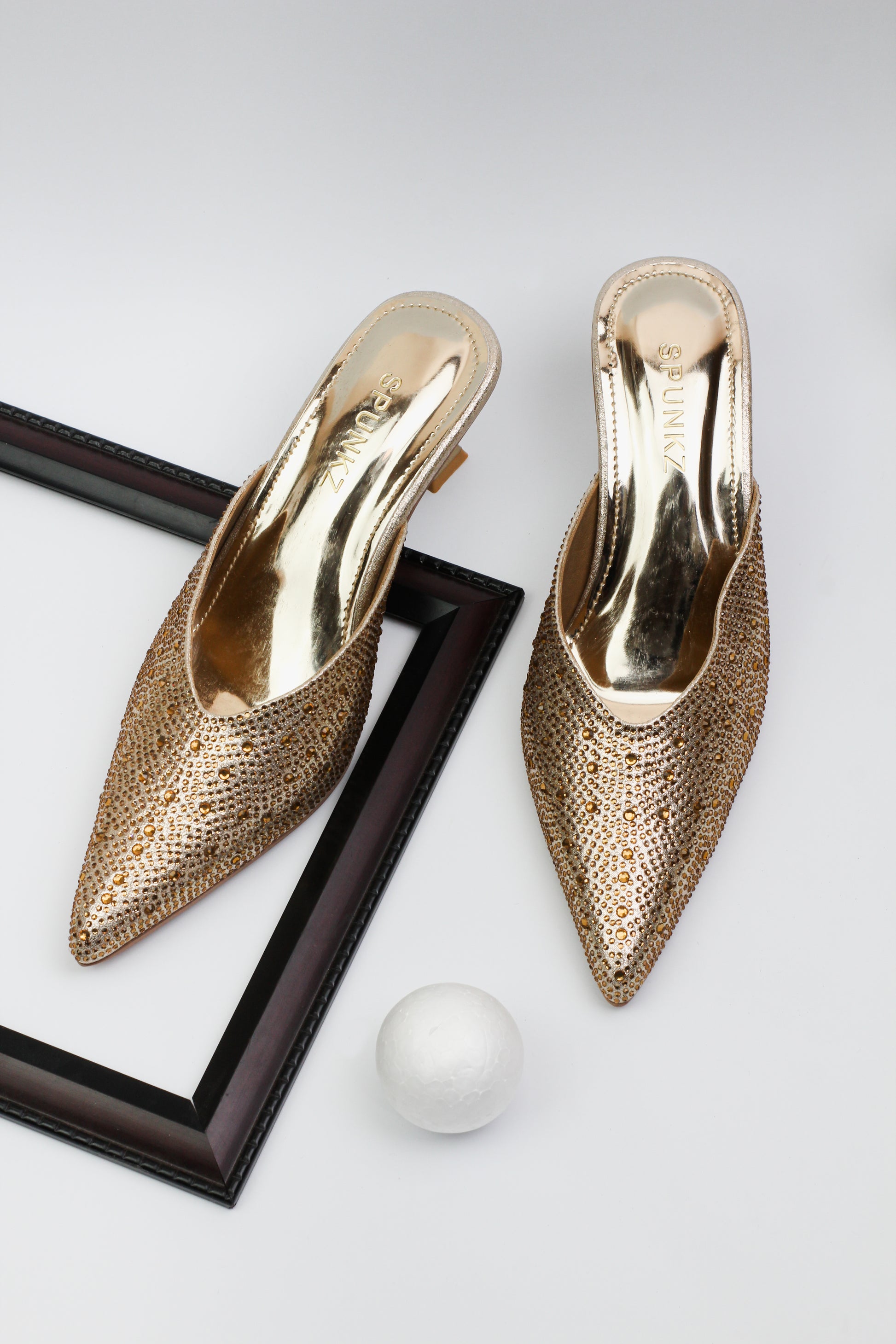 Crystal Sequins Gold Embellished Pointed Shallow Diamond Suede Mules - Spunkz