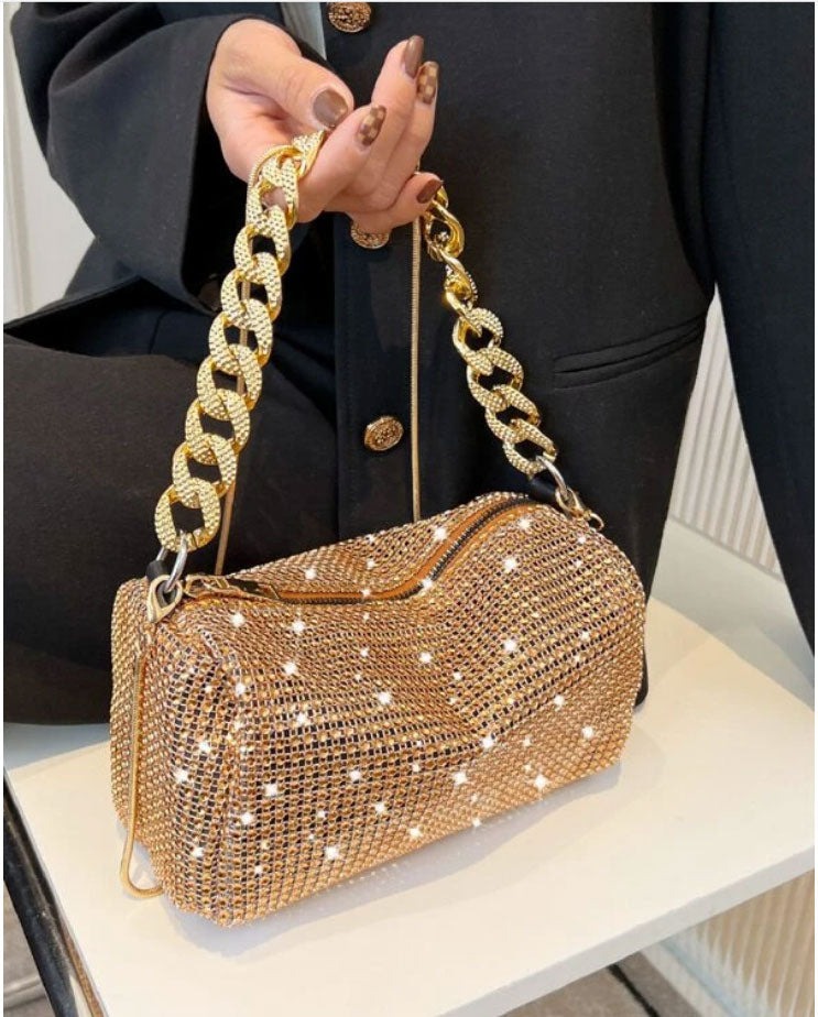 Rhinestone Decor Square Bag with Gold Chain - Spunkz