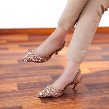 Nude Embellished Mesh Heels