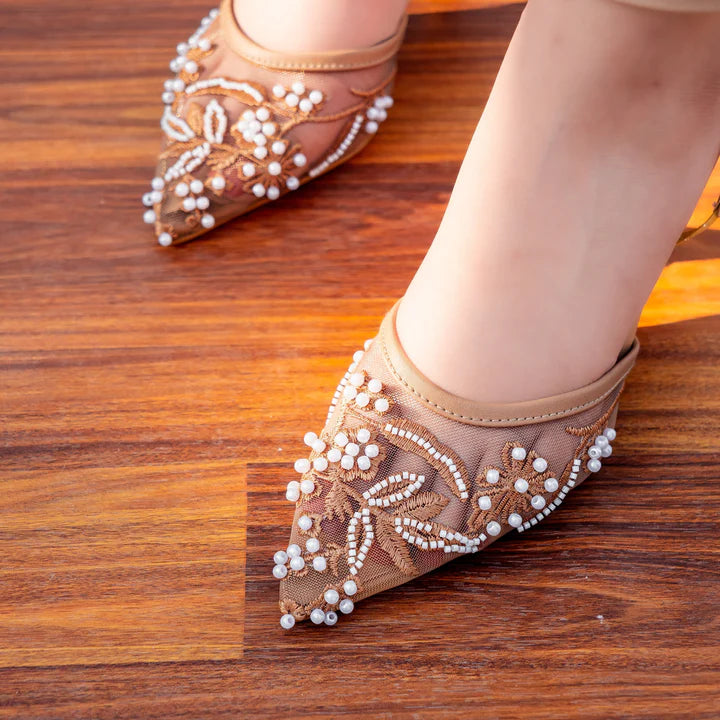 Nude Embellished Mesh Heels